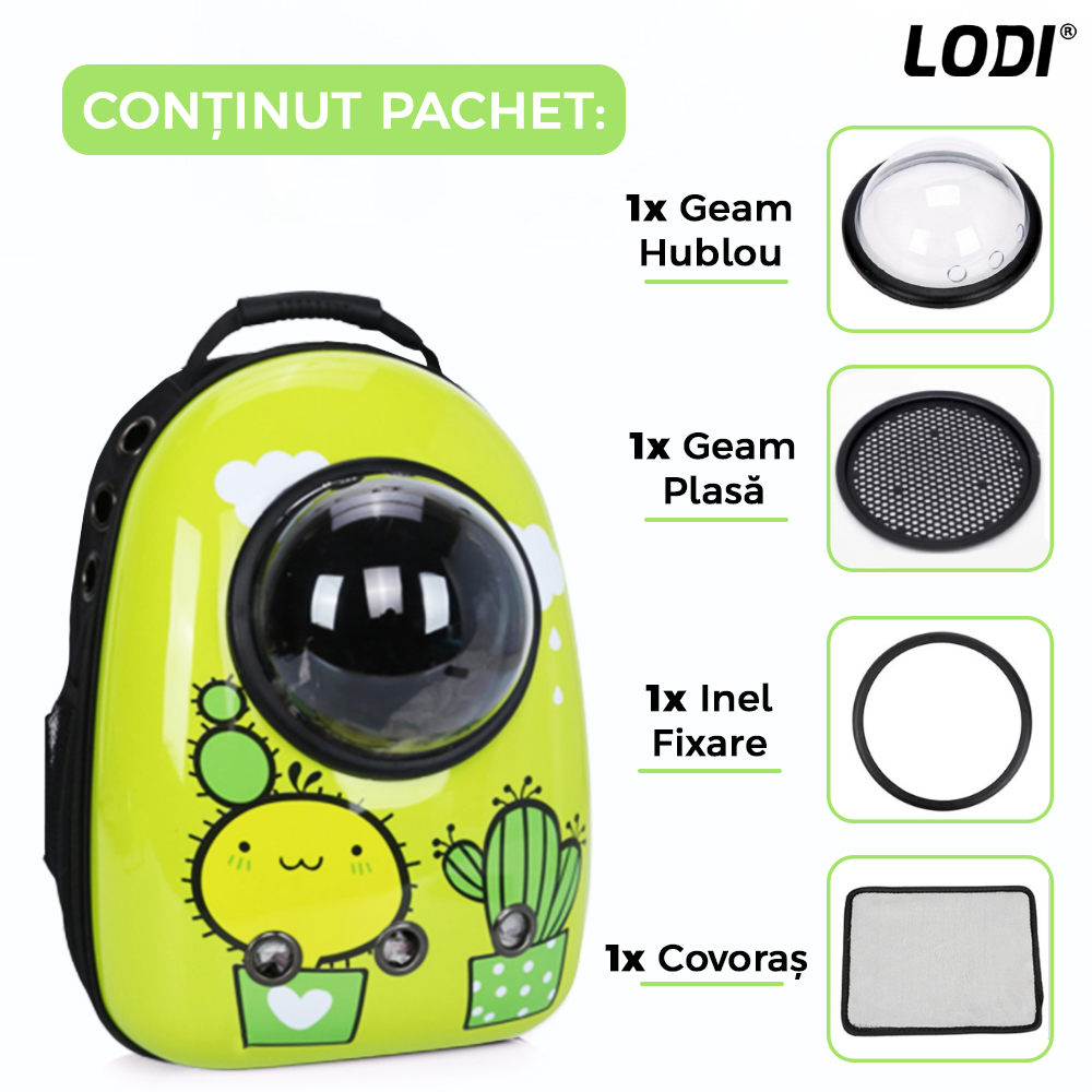 Rucsac Transport Animale Lodi27, greutate Max 7kg, hublou transparent, buzunar lateral, accesorii incluse, pentru talie mica, model Cactus, verde