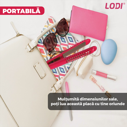 Placa profesionala de indreptat parul Lodi457,  invelis ceramic, portabila, 4 trepte de temperatura, easy lock, par umed si uscat, 210°, roz