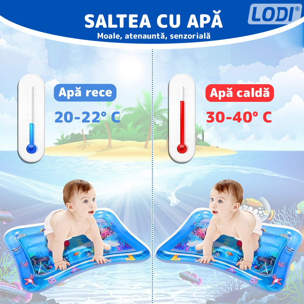 Saltea cu Apa pentru Bebelusi Lodi1206, centru de activitati si joaca, gonflabila, umpluta cu lichid, jucarii senzoriale tip animale marine, design distractiv, albastru