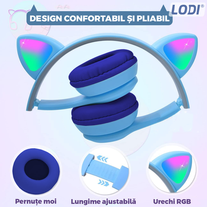 Casti Wireless Model Pisica Lodi955, P47M, overear, urechi de pisica cu iluminare RGB, bluetooth 5.0, handsfree, HiFi, bass stereo, albastru deschis