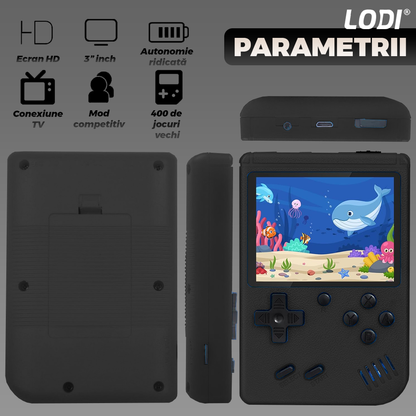 Mini Consola Jocuri Retro Game Box Lodi1500, SR-90, 400 in 1, rotita volum, portabila, cablu AV, incarcare USB-MINI, autonomie ridicata,  11x8 cm, negru