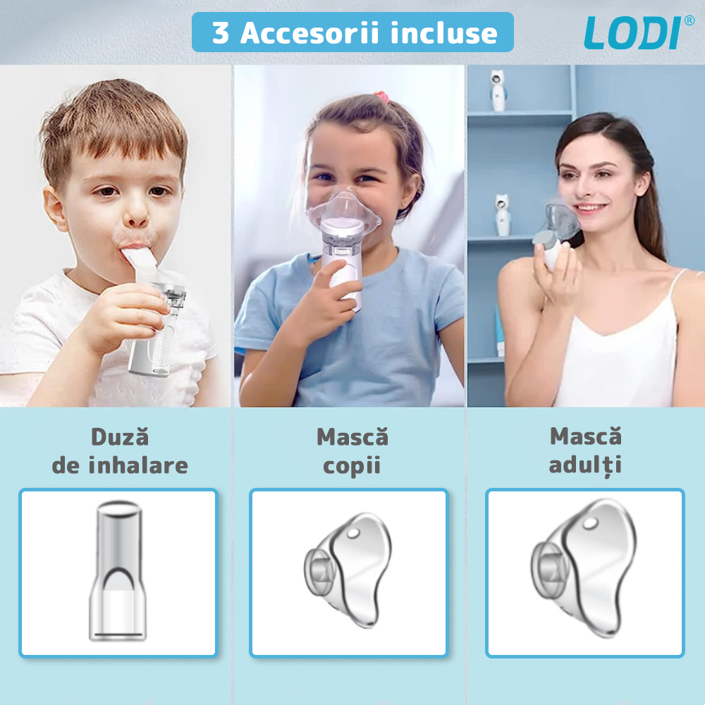 Aparat Aerosoli Lodi36 Nebulizator portabil ultrasonic, accesorii incluse, tehnologie mesh, 0.4ml/min, silentios, alb