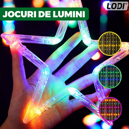 Instalatie de Craciun Tip Perdea Lodi1443, 3x3 m, model stelute, 8 jocuri de lumini, alimentare la priza, fir transparent, interior/exterior, rezistenta la apa, 12 figurine, multicolor