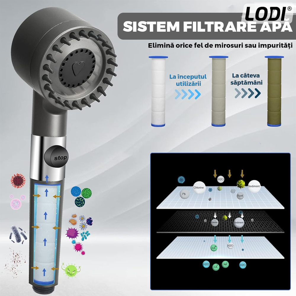 Para de Dus Lodi976, 6 filtre extra, buton On/Off, presiune ajustabila, filtrare apa, jet uniform, zimti de silicon pentru curatare, gri