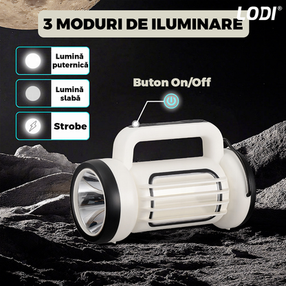 Lanterna LED 2 in 1 Lodi1082, tip felinar, multifunctionala, 3 surse de lumina, luminozitate ajustabila, functie de power bank, alimentare la retea, tehnologie LED+COB, alb