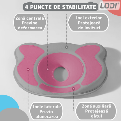 Perna pentru Bebelusi Lodi994, model ursulet, husa de protectie inclusa, spuma cu memorie, anti-plagiocefalie, pentru formarea capului, 26x22 cm, gri inchis