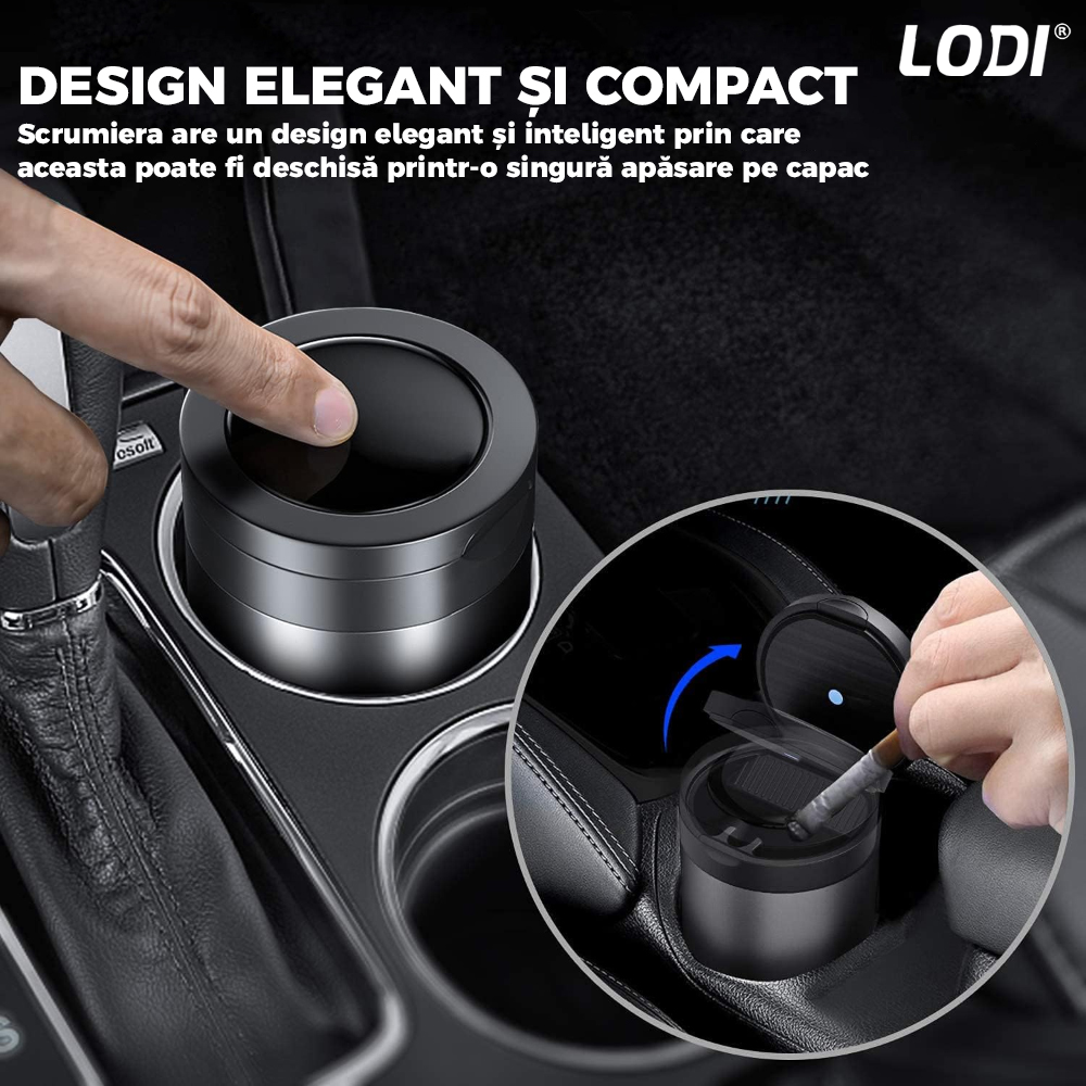 Scrumiera Auto Mini Car Ashtray Lodi112, indicator LED, deschidere inteligenta, interior metal, 3 compartimente detasabile, design elegant, negru
