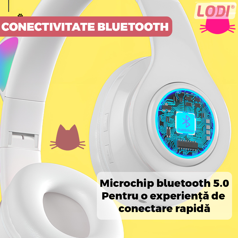 Casti Wireless Model Pisica Lodi1446, B39, overear, urechi de pisica cu iluminare RGB, bluetooth 5.0, handsfree, HiFi, bass stereo, alb