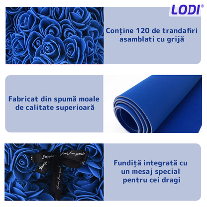 Ursulet din Trandafiri de Spuma Lodi332, floral albastru, handmade, cutie transparenta, 25 cm