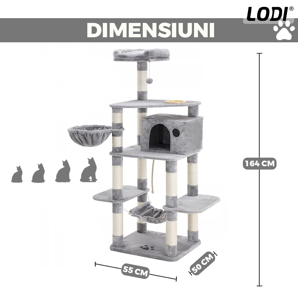 Ansamblu de Joaca pentru Pisici Lodi625, tip turn,1 platforma de observatie, 4 niveluri, 1 casuta, scara, hamac, franghie si mingiuta de joaca, stalpi pentru zgariat, captuseala extra moale, structura stabila, 164 cm, gri deschis