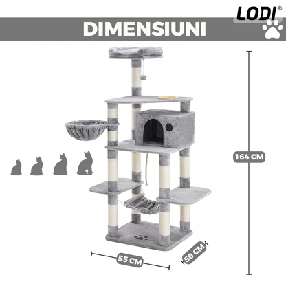 Ansamblu de Joaca pentru Pisici Lodi625, tip turn,1 platforma de observatie, 4 niveluri, 1 casuta, scara, hamac, franghie si mingiuta de joaca, stalpi pentru zgariat, captuseala extra moale, structura stabila, 164 cm, gri deschis