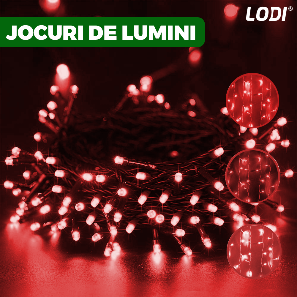 Instalatie de Craciun Liniara Lodi1436, 480 LED-uri, 8 jocuri de lumini, alimentare la priza, interior/exterior, rezistenta la apa, 100 m, rosu
