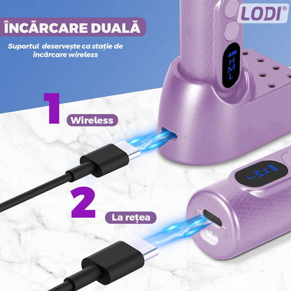 Pila Electrica Profesionala pentru Unghii Lodi1136, freză wireless, 18000 RPM, ecran LED, manichiura-pedichiura, 12 capete pentru pila, 36 benzi de slefurie, portabila, mov
