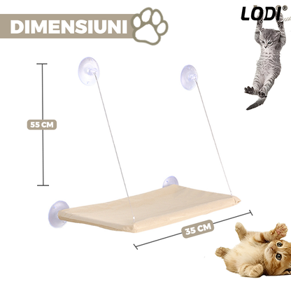 Hamac pentru Pisici Lodi1269, pat suspendat, montaj pe geam/suprafete uniforme lucioase, capacitate de pana la 15 kg, rezistent, ventuze de prindere, 35x55 cm, bej