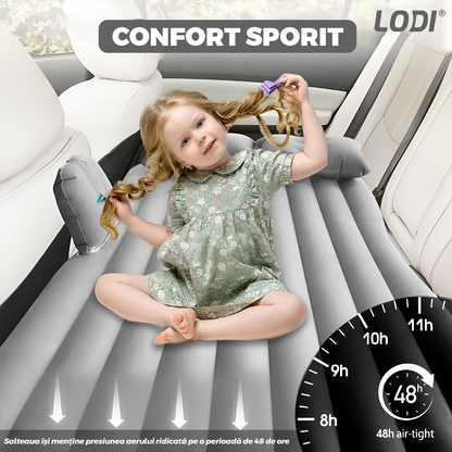 Saltea Auto Gonflabila 2 in 1 Lodi1238, scaun spate si travel bed, materiale calitative, pluristratificata, saculet de depozitare, pompa pentru umflare inclusa, 138 x 85 cm, gri