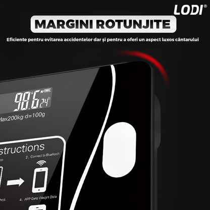 Cantar Electronic Inteligent Lodi1285, pentru baie, corporal, aplicatie smart, indicator greutate/baterie/temperatura, conectare bluetooth, afisaj digital iluminat, greutate maxima suportata 180 kg, baterii incluse, negru