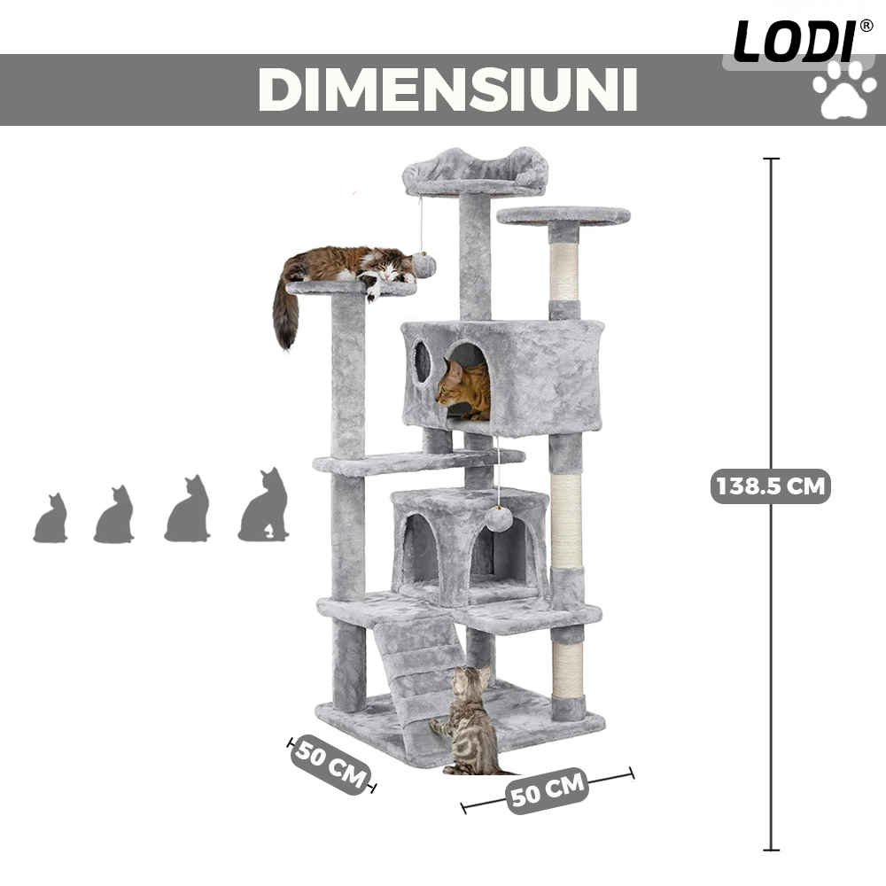 Ansamblu de Joaca pentru Pisici Lodi628, tip turn, 3 platforme de observatie, 6 niveluri, 2 casute, scara, franghie si mingiuta de joaca, stalpi pentru zgariat, captuseala extra moale, structura stabila, 138.5 cm, gri deschis