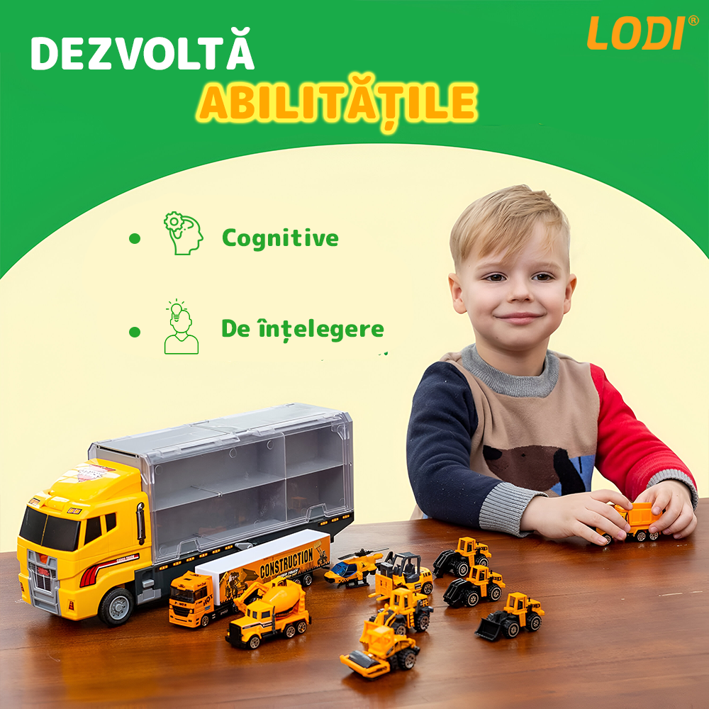Set Camion Trailer de Jucarie pentru Transport Lodi1165, seria utilaje de constructie, 11 masinute incluse, bulldozer, utilaje, tir, accesorii mobile, lansator si rampa frontala, platforma tractare, galben