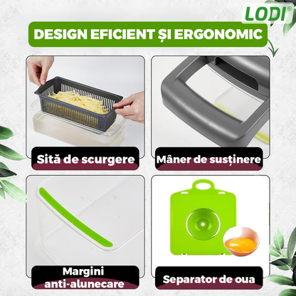 Feliator de Legume 13 in 1 Lodi752, multifunctional, 8 taieturi, accesorii pentru tocat, maruntit, feliat, julienne, separator de oua, lame de inox, 28 x 13 cm, verde