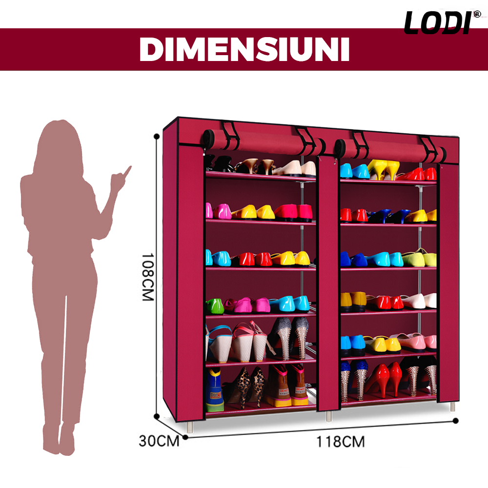 Pantofar din Material Textil pentru Incaltaminte Lodi1488, impermeabil, 12 rafturi, inchidere fermoar, cadru otel, 108 cm, rosu