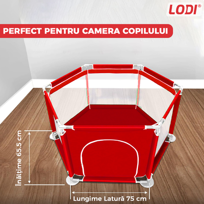 Tarc/Loc de Joaca pentru Copii Lodi1068, usa cu fermoar exterior, plasa, materiale calitative, usor de montat, dimensiuni 125x110x65.5, rosu
