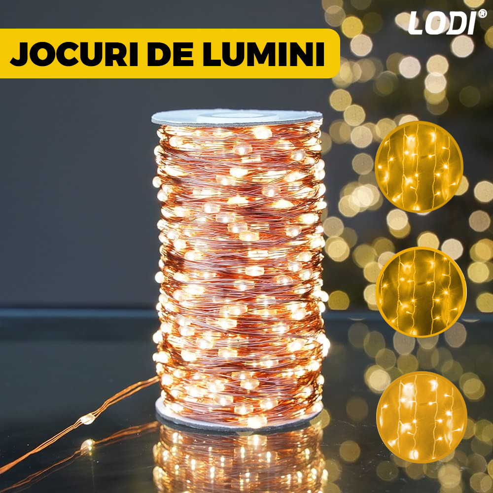 Instalatie de Craciun Perdea Lodi1441, fir cupru, 3x3 m, control prin telecomanda, 8 jocuri de lumini, alimentare USB, fir alb, interior/exterior, 300 LED-uri, alb cald