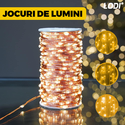 Instalatie de Craciun Perdea Lodi1441, fir cupru, 3x3 m, control prin telecomanda, 8 jocuri de lumini, alimentare USB, fir alb, interior/exterior, 300 LED-uri, alb cald