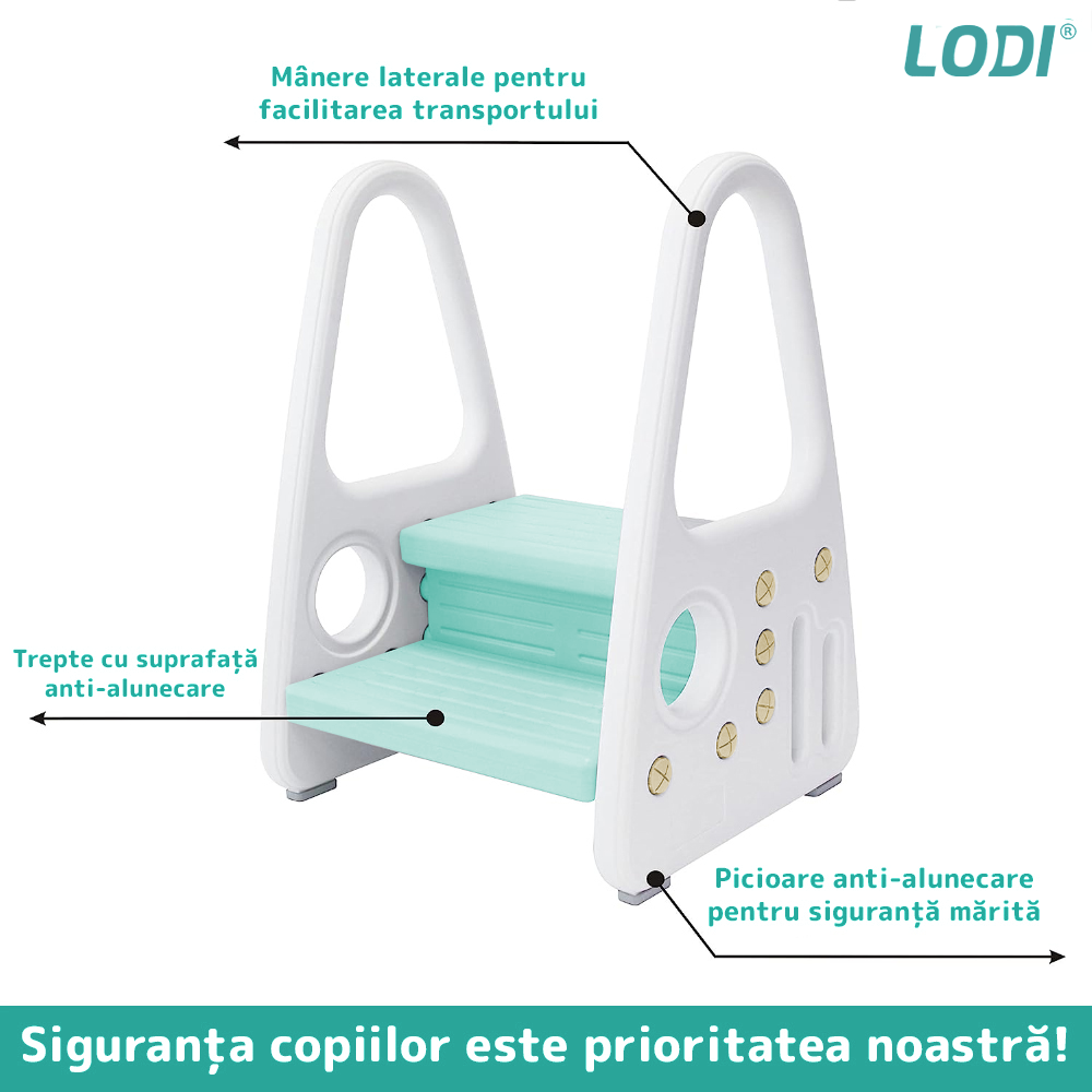 Scaunel Inaltator pentru Copii Lodi640, multifunctional,  tip scara, doua trepte, suprafata anti-alunecare, manere laterale, pentru bucatarie/baie, confortabil, sigur, turcoaz