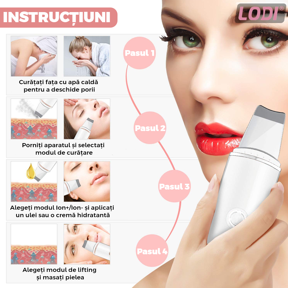 Aparat de Curatare Faciala cu Ultrasunete Lodi546, lifting ten, skin scrubber, indepartare puncte negre, hidratare, peeling, masaj facial, alb