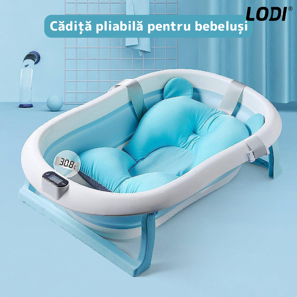Cadita cu Pernuta pentru Bebelusi Lodi1316, casca de protectie inclusa, termometru digital incorporat, pliabila, dop de scurgere, picioare anti-alunecare, design ergonomic, 75 x 45 x 22 cm, albastru