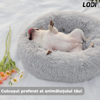 Pat Animale Lodi47, captusit, moale, pufos si calduros, pentru caini si pisici, diametru 60cm, baza anti-alunecare, gri