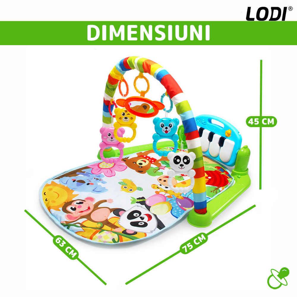 Centru de Activitati si Joaca Lodi415, saltea interactiva pentru copii  cu sunete, multifunctional, pian si oglinda detasabile, jucarii zornaitoare, 4 moduri interactive si educative, verde