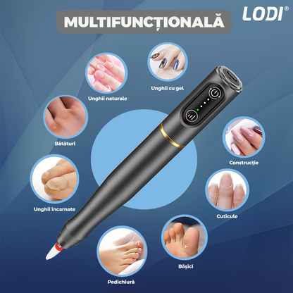 Pila Electrica Profesionala pentru Unghii Lodi1139, freza wireless, 20000 RPM, indicator LED, manichiura-pedichiura, 6 capete pentru pila, 60 benzi de slefurie, portabila, gri