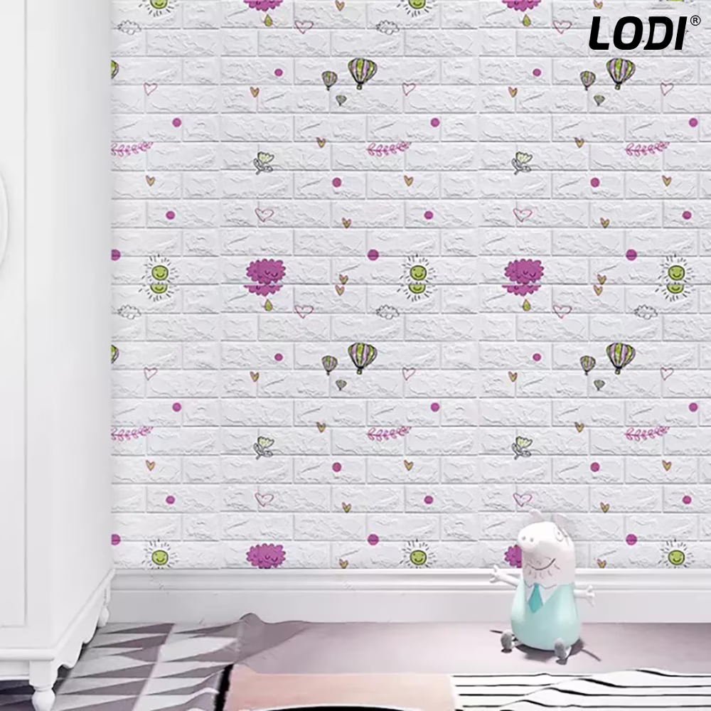 Set Tapet Caramida 3D Lodi76, model Nori si Baloane, suprafata acoperire 5.3 mp, autoadeziv, waterproof, usor de montat, design modern, 70x77 cm, alb