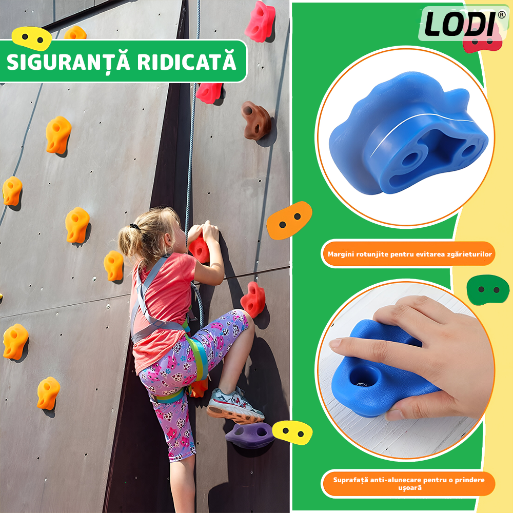 Set 10 Pietre pentru Catarat Lodi1266, pentru perete, materiale calitative, sigure, anti-alunecare, margini rotunjite, interior/exterior, sistem de prindere inclus cu imbus M8x55, multicolore