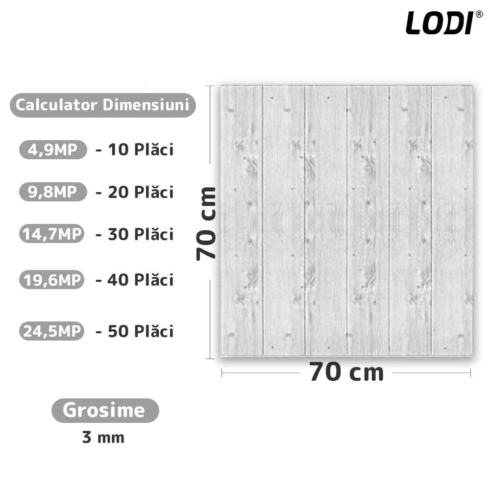 Set Tapet Panou 3D Lodi92, Model Lemn, suprafata acoperire 4.9 mp, autoadeziv, waterproof, usor de montat, design modern, 70x70 cm, gri deschis