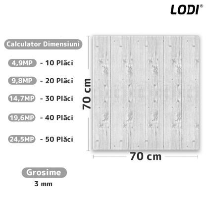 Set Tapet Panou 3D Lodi92, Model Lemn, suprafata acoperire 4.9 mp, autoadeziv, waterproof, usor de montat, design modern, 70x70 cm, gri deschis