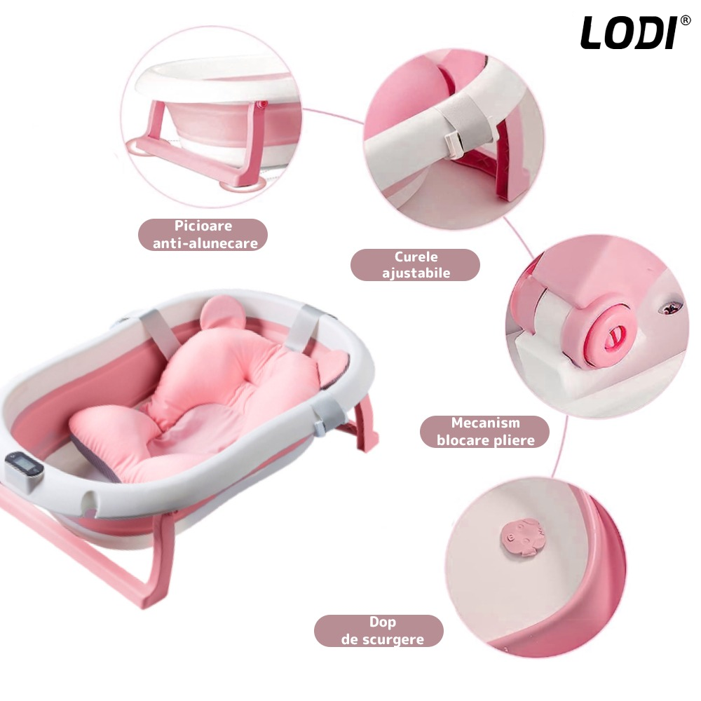 Cadita cu Pernuta pentru Bebelusi Lodi1315, casca de protectie inclusa, termometru digital incorporat, pliabila, dop de scurgere, picioare anti-alunecare, design ergonomic, 75 x 45 x 22, roz