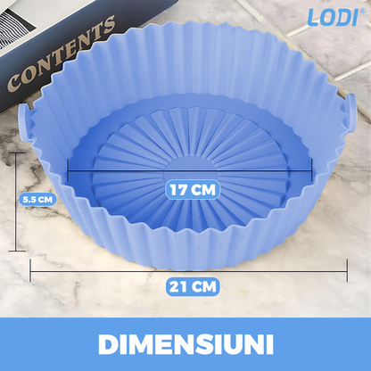 Tava de Copt Rotunda Lodi987, pentru friteuza/cuptor/microunde, antiaderenta, rezistenta la temperaturi inalte, 21 x 17 cm, albastru