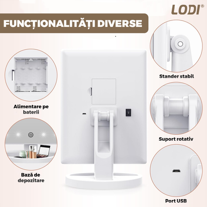 Oglinda Cosmetica pentru Machiaj Lodi1455, 4 moduri de marire, 22 becuri LED, control tactil, pliabila, rotativa la 180 de grade, alimentare pe baterii sau USB, suport de machiaje, alb