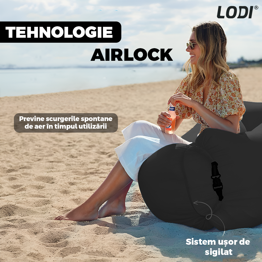 Saltea Gonflabila Tip Sezlong Lazybag Lodi1235, material rezistent, umflare fara pompa, pentru plaja/picnic/camping, rucsac de depozitare, 190 x 70 cm, negru