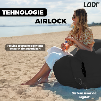 Saltea Gonflabila Tip Sezlong Lazybag Lodi1235, material rezistent, umflare fara pompa, pentru plaja/picnic/camping, rucsac de depozitare, 190 x 70 cm, negru