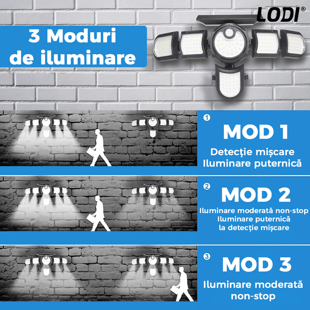 Lampa Solara 200 LED-uri Lodi266, 6 Capete, senzor de miscare, 3 moduri de iluminare, protectie IP65, Waterproof, exterior, negru