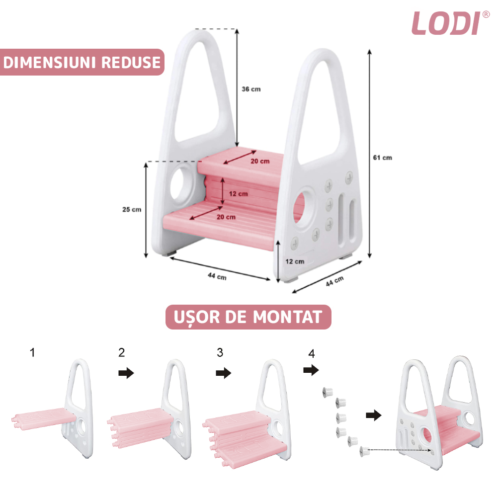 Scaunel Inaltator pentru Copii Lodi639, multifunctional,  tip scara, doua trepte, suprafata anti-alunecare, manere laterale, pentru bucatarie/baie, confortabil, sigur, roz