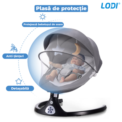 Leagan Electric Lodi122, conectivitate Bluetooth, telecomanda, tava detasabila, acoperis rabatabil, plasa protectie tantari pentru bebelusi, jucarii, muzica, gri
