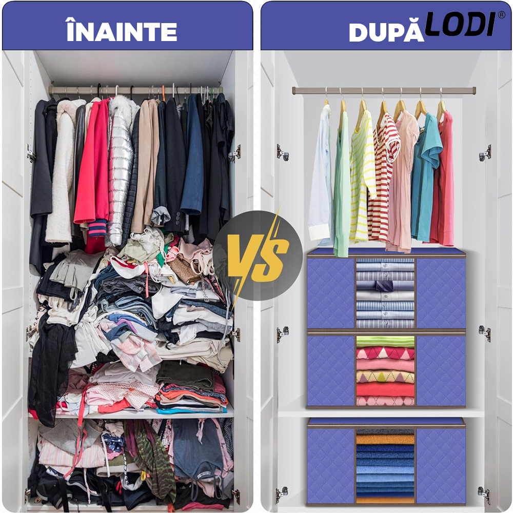 Cutie Depozitare si Organizare Mica Lodi1030, pliabila, maner ranforsat si fereastra transparenta, pentru haine/paturi/ plapumi/ perne/ lenjerii de pat/jucarii, 60 L, 46x 48x 28 cm, albastru