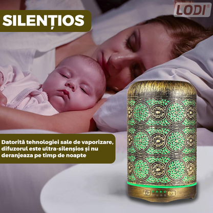Difuzor Aromaterapie Lodi605, din metal, design vintage, 7 culori LED, 2 jocuri de lumini, capacitate 250ml, silentios, umidifica aerul, bronz