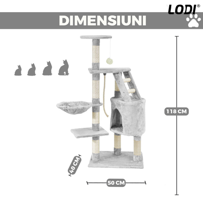 Ansamblu de Joaca pentru Pisici Lodi820, tip turn, 1 platforma de observatie, 4 niveluri, 1 casuta, scara, franghie si mingiute de joaca, stalpi pentru zgariat, captuseala extra moale, structura stabila, 118 cm, gri deschis