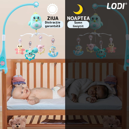 Carusel Muzical pentru Patut Lodi362, Bebe, control prin telecomanda, proiector, muzica si lumini, jucarii detasabile, albastru