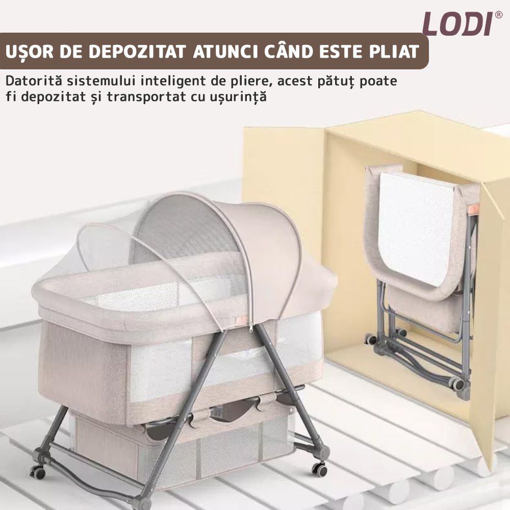 Patut Pliabil pentru Bebelusi Lodi309, 3 trepte de inclinare, sistem de blocare, plasa anti-insecte, cos depozitare, crem